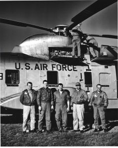 CH-3C test crew l-r unkn, unkn, unkn, unkn & Paul Gibbs a civillian special instrumentation guy on the H-47 test program. Lowell Maybrier photo